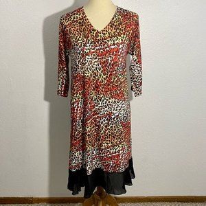 NEW Inoah Animal Print Midi Shift Dress Women's Size S Orange Black 3/4 Sleeves